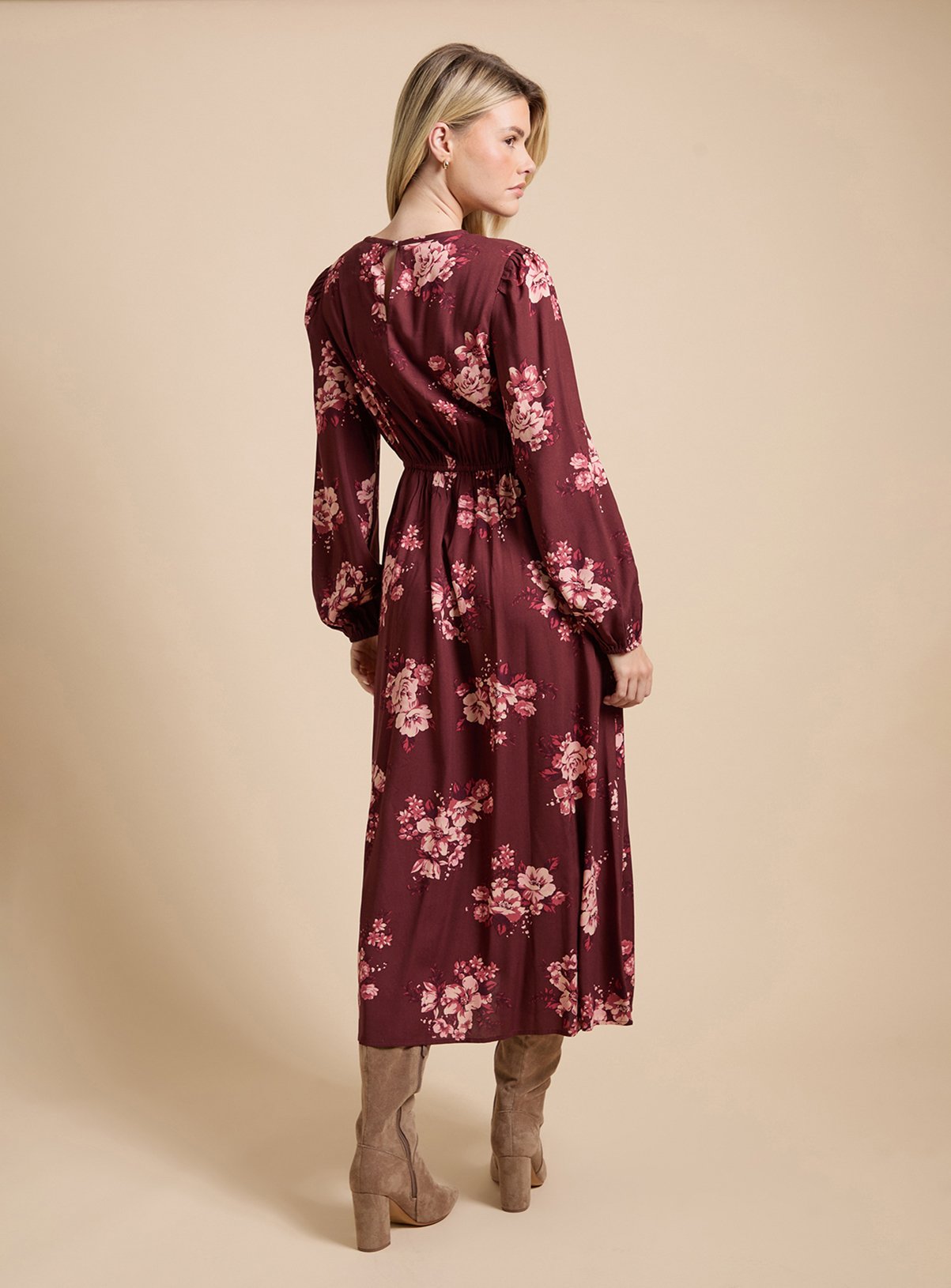 DOROTHY PERKINS Berry Floral Blouson Sleeve Printed Keyhole Midi Dress 14 - Image 3 thumbnail